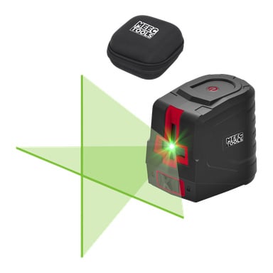 En svart Meec Tools Crosshair-laser sender grønne horisontale og vertikale stråler, med sin matchende svarte glidelåsformet bæreveske over.