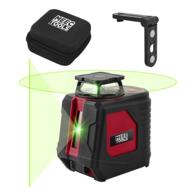 Et Meec Tools Crosshair grønt laservater med svart oppbevaringsdeksel og justerbar feste, som sender ut en livlig grønn laserlinje.