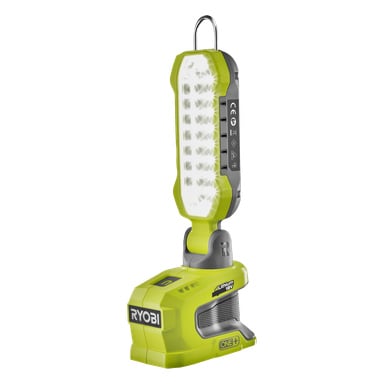 Ryobi One+ R18ALP-0 LED-arbetslampa i grönt och grått med flera tända lysdioder och en metallkrok för upphängning.