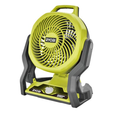 Ryobi One+ Whisper Series RF18-0 har en gul och svart sladdlös bordsfläkt med topphandtag, lutbart huvud och basknopp.