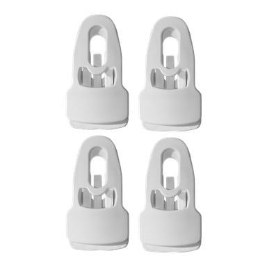 Fyra identiska Holdon-system Multi-clamps från ett fyrpack är arrangerade i ett 2x2-rutnät. Varje klämma är gjord av vit plast, med en rektangulär bas och en ovalformad öppning upptill.