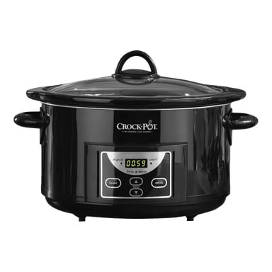 Svart Crockpot Slow Cooker med glasslokk, digital skjerm som viser 00:59, og knapper merket høy, lav, varm og av.