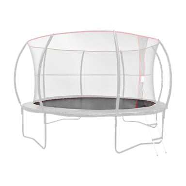En rund svart trampolinmatta med säkerhetsnät, silverram, matchande stänger och en fastsatt stege för enkel åtkomst.