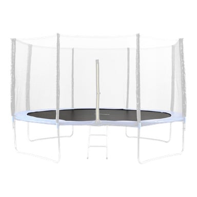 Hoppande Cloth-trampolinen har en cirkulär form, blå skyddsvaddering, nät på stolpar och en liten metallstege fram.