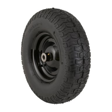 Wheel-släpet visar ett svart gummidäck med djupa mönster på en svart metallfälg, placerad i en vinkel.