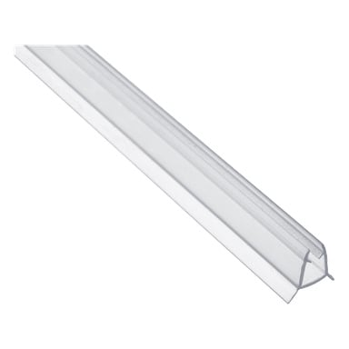 "Tätningsremsan Nedre Del 86 cm" är en transparent plastremsa med en fåra som löper längs dess längd, placerad diagonalt.