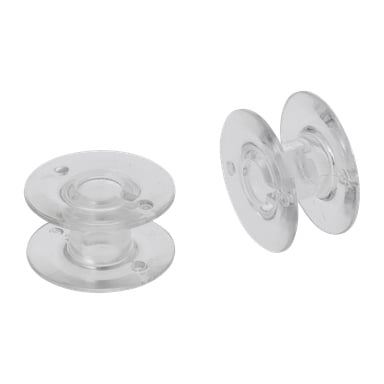 Bobbin symaskins 2-pack innehåller två genomskinliga plastspolar, en platt och en upprätt, vilket visar deras cylindriska form och hål.