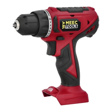 Röd och svart sladdlös borrmaskin märkt MEEC TOOLS 18V, ergonomiskt handtag, justerbar vridmomentring; batteri saknas.