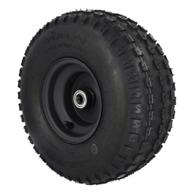 Wheel Cpl 15" visar ett knovigt svart gummidäck på en metallfälg, med mittlagret synligt, med specifikationer och varningar på sidan.