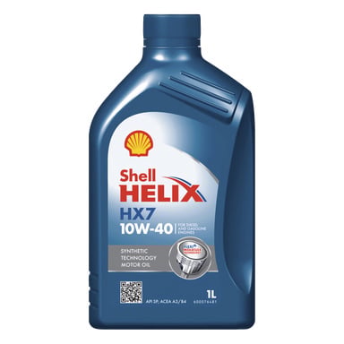 Niebieska, jednolitrowa butelka oleju silnikowego Shell Helix Plus z logotypami, informacjami o produkcie oraz kodem QR na przedniej etykiecie.