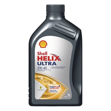 To plastikowa butelka oleju Shell Helix Ultra o pojemności 1 litra, z logo Shell i etykietą z napisem PurePlus Technology z gazu ziemnego.