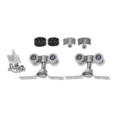 Das 7-teilige Set der Hard Head Schiebetüren besteht aus zwei Walzenbaugruppen, zwei runden Gummiteilen, zwei Metallhalterungen mit Schrauben, einer Kunststoffhalterung und mehreren Schrauben.