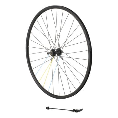 Bakfälghybridcykeln har ett svart hjul med tunna ekrar, tre i blått och gult. Ett svart snabbspett ligger nedanför.