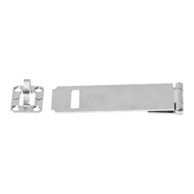 Ett Hard Head Safety-set med silvermetallbeslag, med en gångjärnsplatta till höger och en häftplatta med fyra skruvhål till vänster.