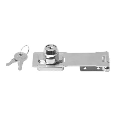 Ett hårdt huvudledat hasplås med blank silverfinish, integrerad cylinder och två identiska nycklar fästa vid en nyckelring.