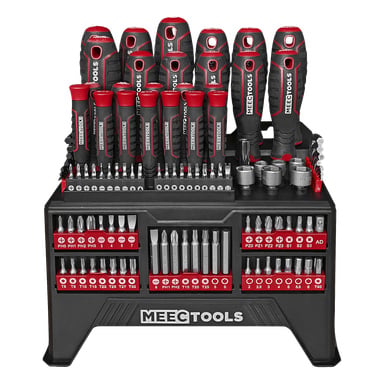 107-osainen Meec Tools -ruuvimeisseli ja terä, joka on asetettu musta-punaiseen pidikkeeseen, jossa on merkitty työkalut ja terät koon mukaan.