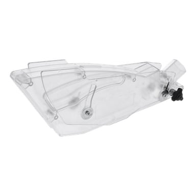 Ett genomskinligt plastskydd för bordsåg, med metallkomponenter, en böjd design och en svart ratt på ena sidan.