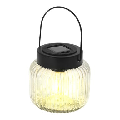 Anslut LED solcellslykta med räfflat glas, svart solpanellock, böjt handtag och ett varmt gult ljus.