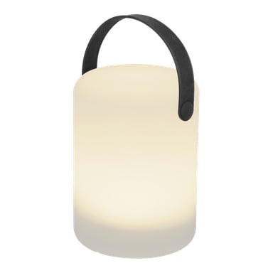 En cylindrisk vit lykta-liknande bordslampa med sol-LED som avger ett milt sken och toppas med ett svart handtag.