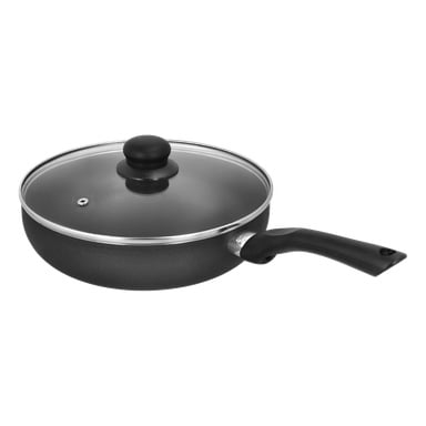 "Menuett Ceramic sauté dish z pokrywką w kolorze czarnym" ma powierzchnię nieprzywierającą, szklaną pokrywkę z otworem parowym, okrągłą czarną gałkę i pasującą czarną rączkę.
