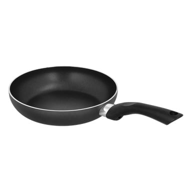 Menuett Ceramic -paistinpannulla on musta tarttumaton pinta, leveä pohja, syvät sivut ja kaareva musta kahva.