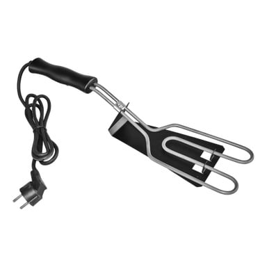 Burns & Barkles Electric BBQ-eldstartare har ett svart handtag, ett öglande metallvärmeelement och en ansluten strömkabel med kontakt.