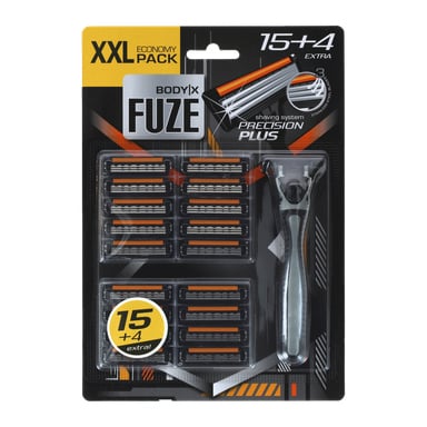 Precision PLUS Safety Razor-pakke med svart og oransje emballasje, inkluderer 1 håndtak og 19 erstatningsblader, totalt 20 deler.