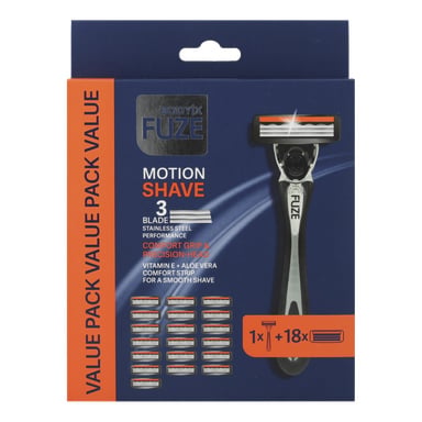 En Body-X Fuze Precision PLUS säkerhetsrakhyvel med ergonomiskt handtag och arton ersättningspatroner i en låda märkt MOTION SHAVE, med tre rostfria stålblad, ett komfortgrepp och en smörjremsa för vitamin E och aloe vera.