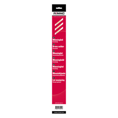 En rektangulär Rimac Brass Solder 7-pack-etikett med produkt- och varumärkesnamn på röd bakgrund, vit text och diagonala linjer överst.