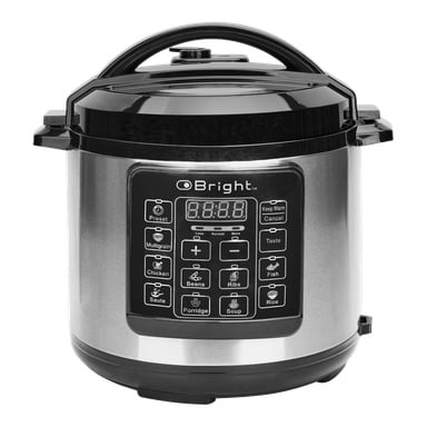 Rustfritt stål Bright Multicooker med digitale kontroller og forhåndsinnstilte knapper for ulike matvarer, samt et hold varm-alternativ.