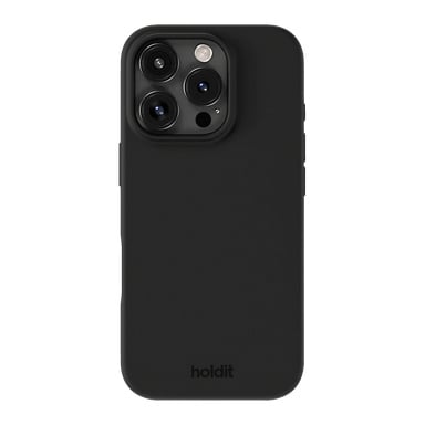 Musta Holdit Mobile -kotelo, jossa on mattapintainen pinta iPhone 16 Prossa, jossa on brändäys alareunassa ja kolminkertainen takakamera salamalla.