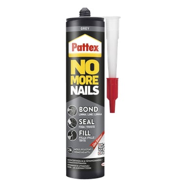 Et grått rør med Pattex No More Nails-lim med en avtakbar rød dyse, som viser bindings-, forseglings- og fyllingsfunksjonene på emballasjen.