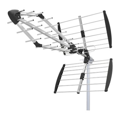 Nedis Digital Outdoor Antennassa on useita metallitankoja, joissa on mustat päätykannet, kiinnitettyinä tolppaan TV-signaalin vastaanottoa varten.