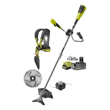 Ryobi One+ HP Brush Cutter-sett har et metallblad, sele, spolehode, 40V 4,0Ah-batteri og lader.