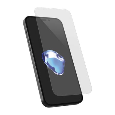 Ochrona ekranu Holdit unosi się nad iPhone'em 14 Pro/15/15 Pro/16, który na czarnym ekranie pokazuje niebieski, abstrakcyjny kształt.