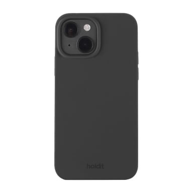 Musta mattainen Holdit-kotelo iPhone 15:ssä, jossa on kaksi kameraa, "holdit" kohokuvioituna kotelon alaosassa.