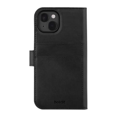 Czarne etui Holdit Wallet do iPhone'a 15 Magnetic Plus z przednią okładką, slotami na karty, wycięciem na kamerę w lewym górnym rogu oraz wytłoczonym napisem "holdit" na dole.