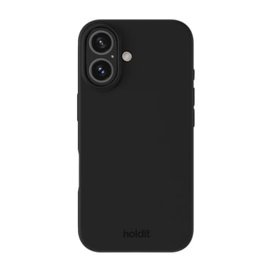 Musta Holdit Mobile -kotelo iPhone 16:lle, takanäkymä, brändin nimi alareunassa ja leikkaukset kahdelle kameralle sekä salama vasemmassa yläkulmassa.