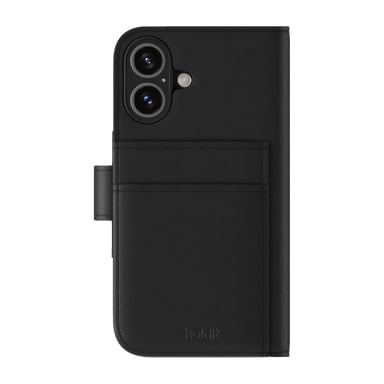 Svart Holdit Wallet-fodral för iPhone 16 Magnetic Plus med två kamerautskärningar, vänster tryckknapp, bakre kortplatser och präglad logotyp.