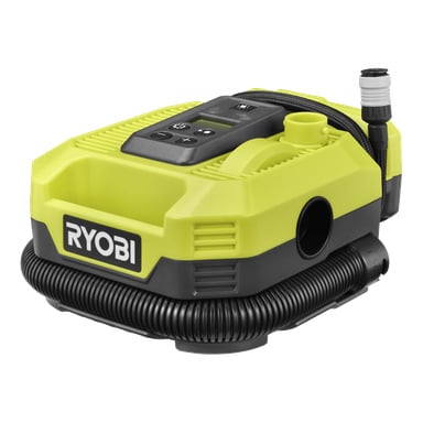 Ryobi One+ RMI18-0 trådløs luftkompressor, knallgrønn og svart, toppkontroller, spiralslange i bunnen, hvit dyse bak.