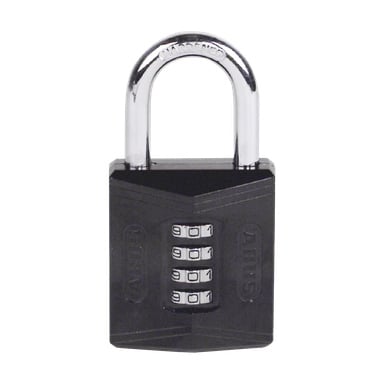 Ett ABUS 158/50 kombinationslås med svart kropp och silverfärgad bojle står upprätt och visar fyra numrerade rattar inställda på 9-0-1-9.