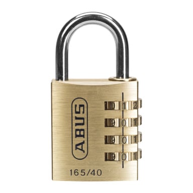 Ett mässingshänglås ABUS myCode 165/40 är avbildat med en stålkedja och fyra sifferrattar, alla inställda på 1. Framsidan har märkes- och modellinformation graverad.