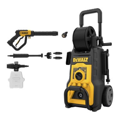 DeWalt DXPW 001DTS høytrykksspyler i svart og gult vist med hjul, spraypistol, stav, dyser, slangespole og vaskemiddelflaske.