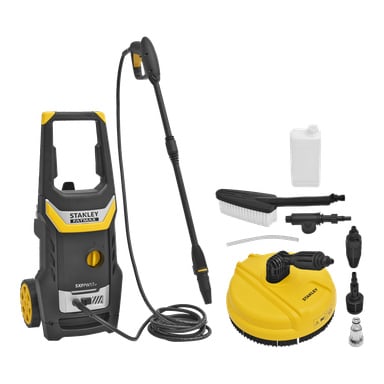 Myjka ciśnieniowa Stanley Fatmax z wężem, różdżką natryskową, butelką detergentu, szczotką do szorowania, żółtym okrągłym środkiem do czyszczenia powierzchni i różnymi akcesoriami umieszczonymi na białym tle.