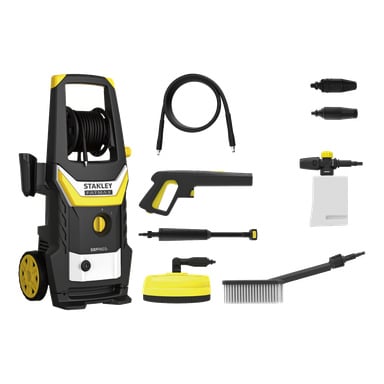 Stanley Fatmax SXFPW23P-E høytrykksspyler med hageslange, spraypistol, to dyser, skumflaske, forlengelseslanse, terrasserens og børste.