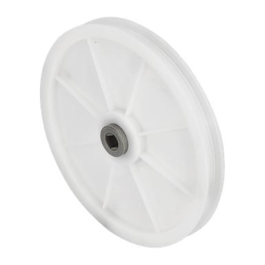 Pulley-snøfreseren har et hvitt plasthjul med et sentralt metalllager og seks jevnt fordelte eiker.