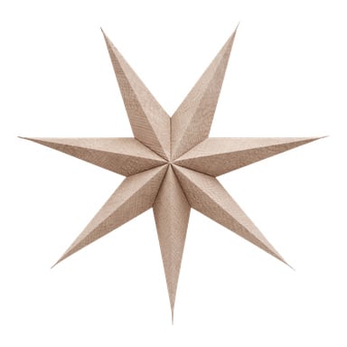 Den beige adventsstjärnan från EKVIP är en tredimensionell, åttauddig stjärna skapad av texturerat brunt papper, sedd uppifrån.