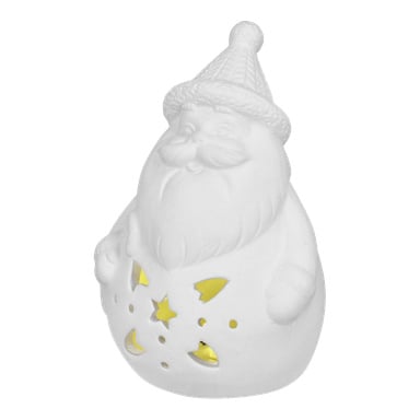 EKVIP Santa med LED-belysning är en vit keramikfigur med skägg och hatt, dekorerad med utskurna stjärnor och månar som lyser med gult ljus inifrån.
