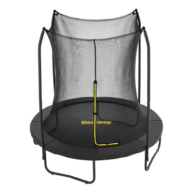 En rund svart Bestway Xtreme Air Trampoline 59119 med sikkerhetsnett, gul glidelåsinngang, tre ben og Bestway-logo på matten.