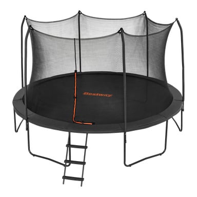 Bestway Xtreme Air Trampoline 59120 er en rund svart trampoline med sikkerhetsnett, oransje glidelåsåpning og frontstige. "Bestway" vises oransje på hoppematten.